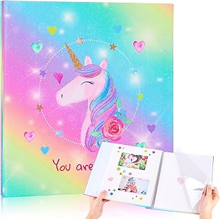 Photo Album Self Adhesive DIY Scrapbook Albums 40 Pages Cute Unicorn Baby Memory Book Linen Picture Album for Kids Family Wedding Travel Hold 3x5 4x6 5x7 6x8 8x10 Photos Rainbow