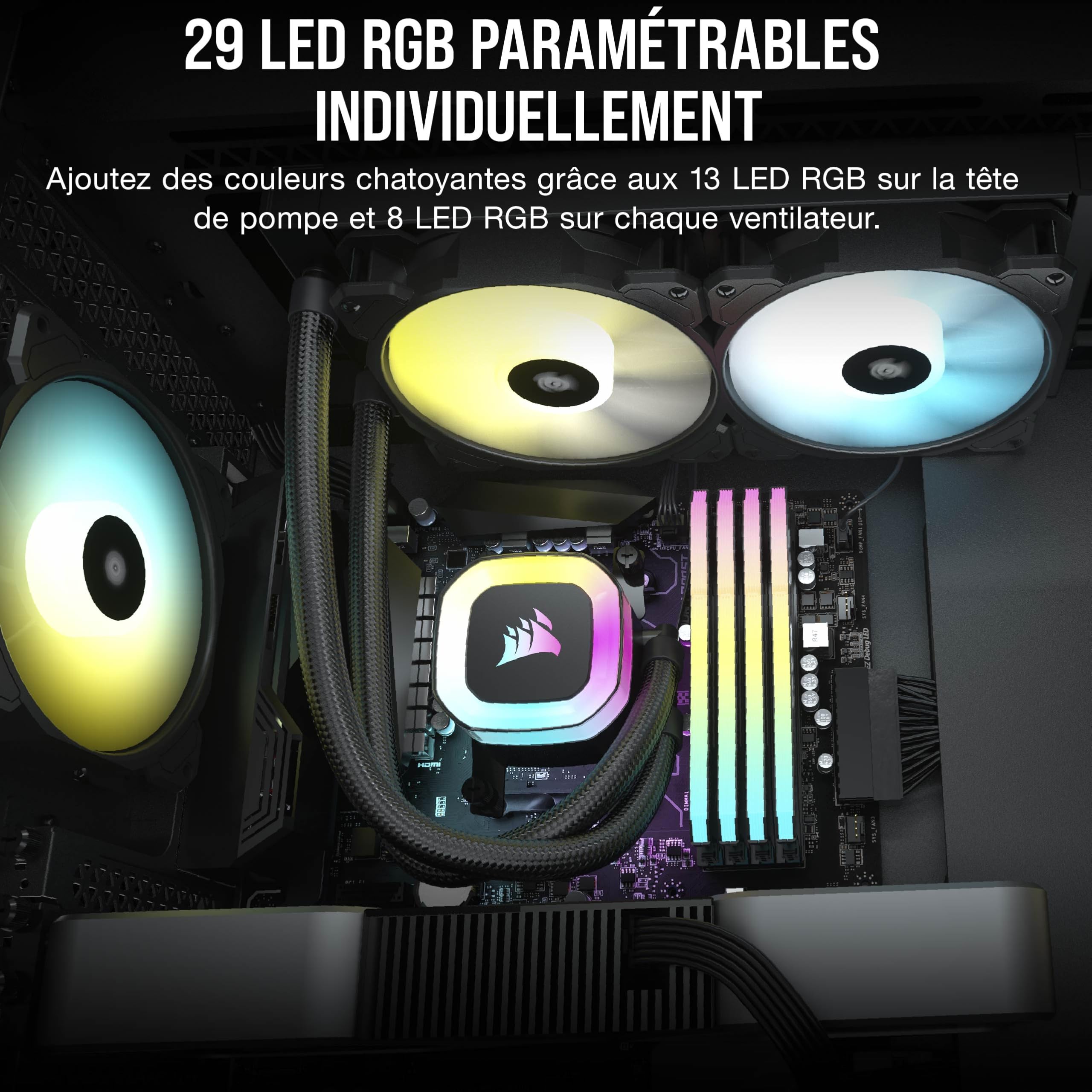 CORSAIR H100 RGB Liquid CPU Cooler - 240mm AIO - SP120 RGB ELITE Fan - Convient à Intel LGA 1200/115X/2066, AMD AM4 - Adaptateur ARGB de Carte Mère Inclus - Noir