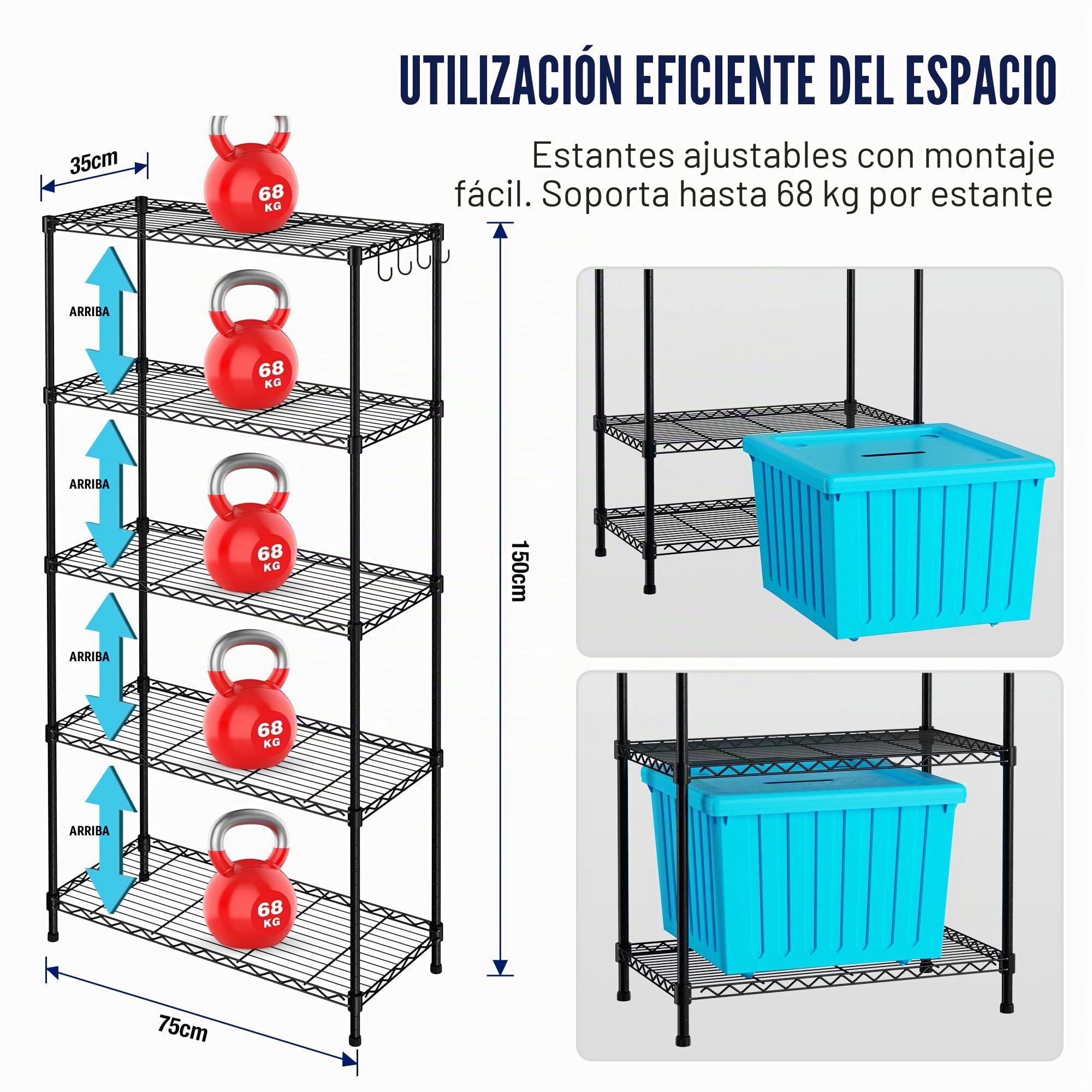 WORKPRO Estantería de Almacenamiento con 5 Baldas Ajustables en Altura y Patas Niveladoras, Estantería Metálica, para Sótano o Taller, Carga Máxima 340 kg, 75 x 35 x 150 cm, con 4 Ganchos, Negra