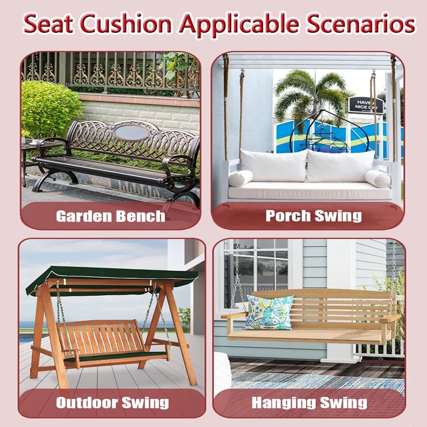 Porch Swing Cushions,Patio Bench Cushion 3 Seater Replacement with Backrest,Waterproof Thickened Porch Loog Pad Swing Set for Outdoor Indoor Furniture Garden Patio(Red 60×40 in)