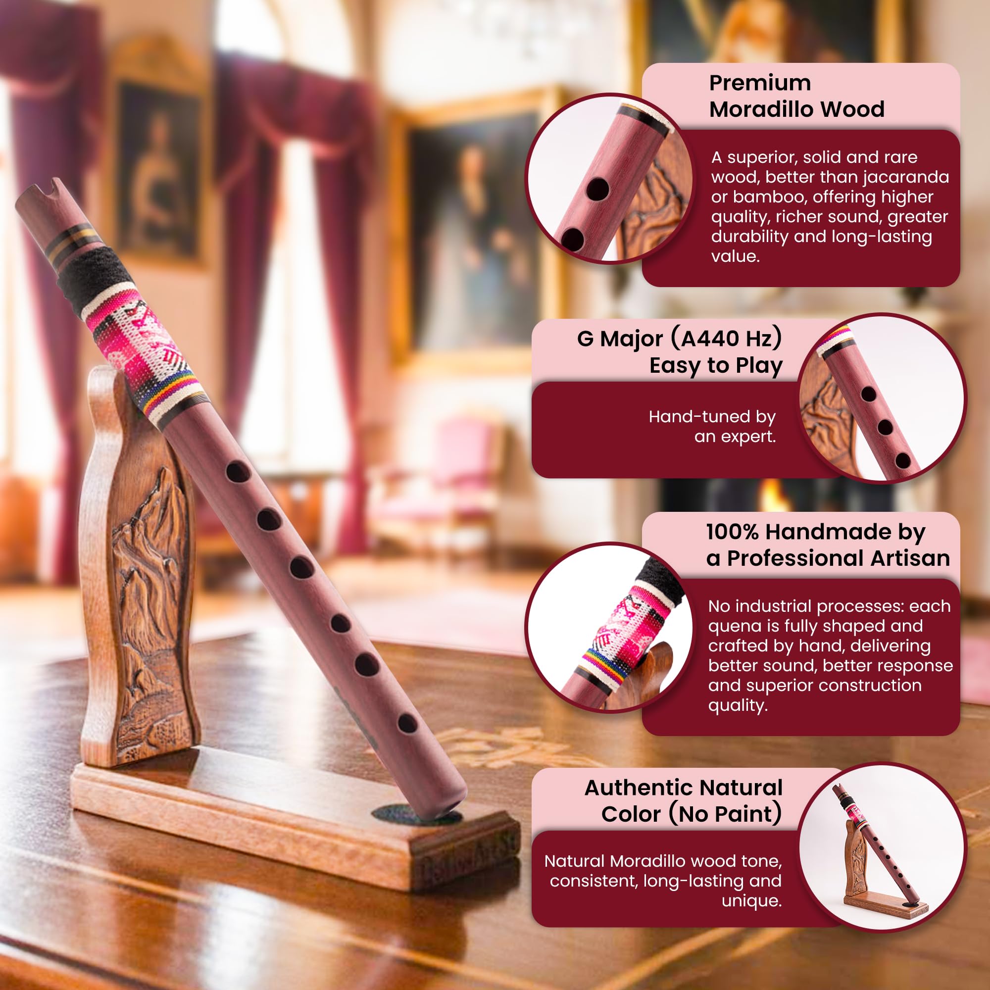 Flöte Quena Moradillo Native Instrument Komplettset Einzigartige Holz Native Flöte Quena mit Premium Dekorative Handgefertigte Holzständer Instrument gestimmt in G Einzigartiges Andeneinzigartiges Set