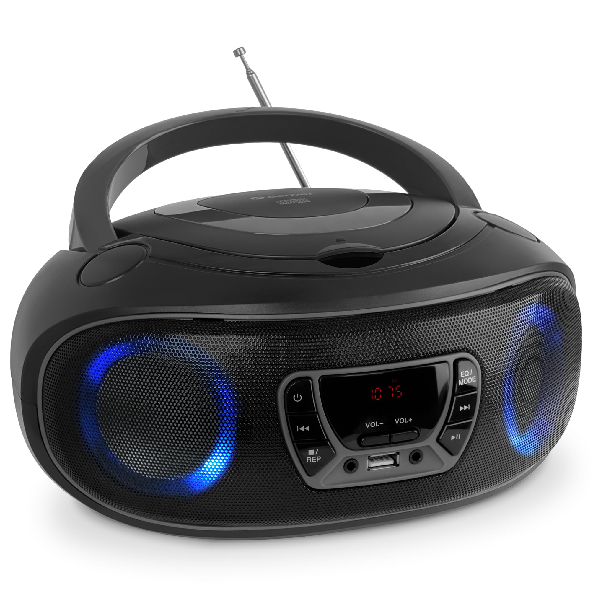 Denver Electronics TCL-212BT GREY reproductor de CD Reproductor de CD portátil Negro, Gris - Unidad de CD (4 W, FM, Externo, Reproductor de CD portátil, Negro, Gris, 3,5 mm)