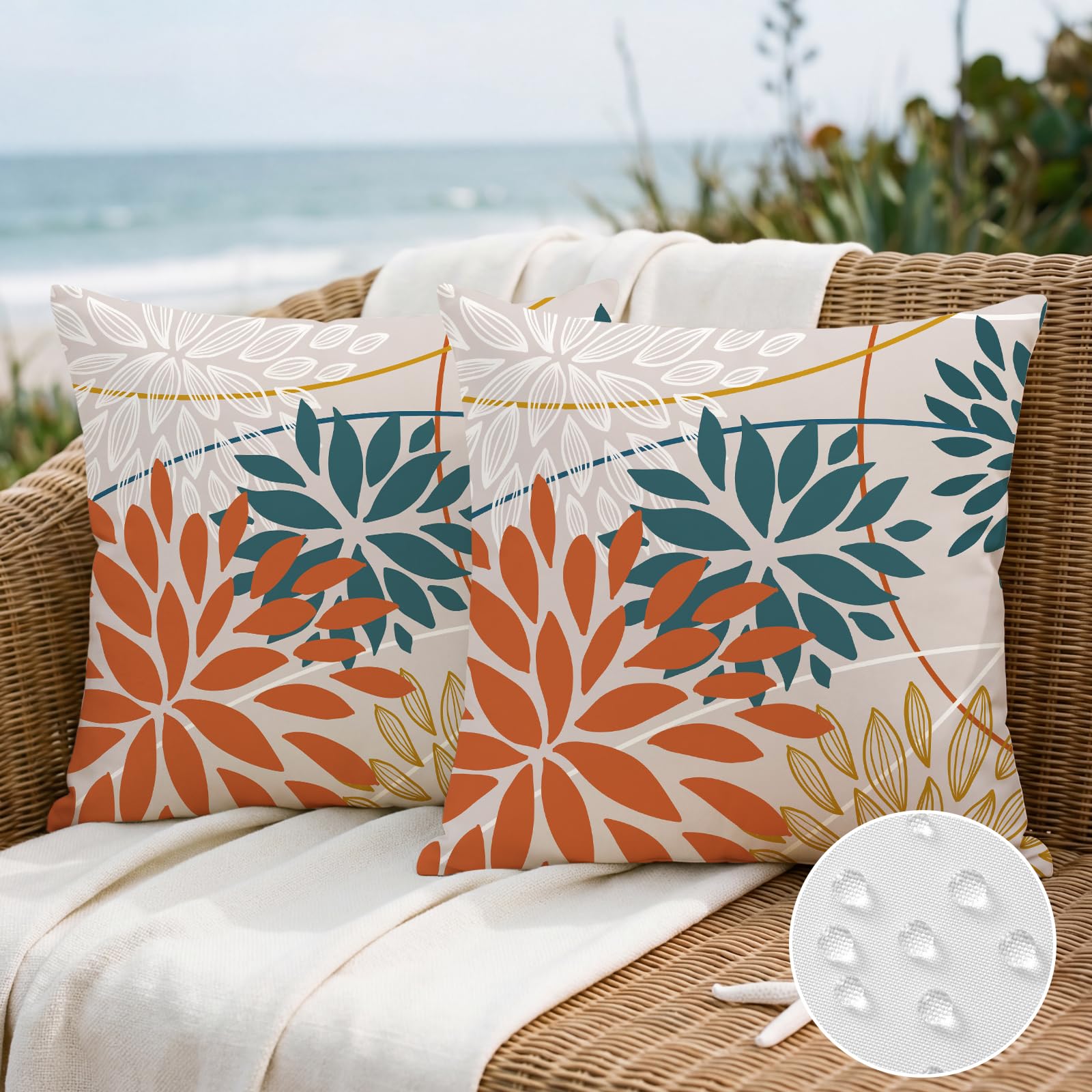 Artscope Outdoor Waterproof Orange Blue Cushion Covers Geometric 45x45cm Set of 2 Yellow Dahlia Floral Pillowcases Outdoor Flowers Pillow Covers for Patio Garden Bench Sofa Farmhouse Decor