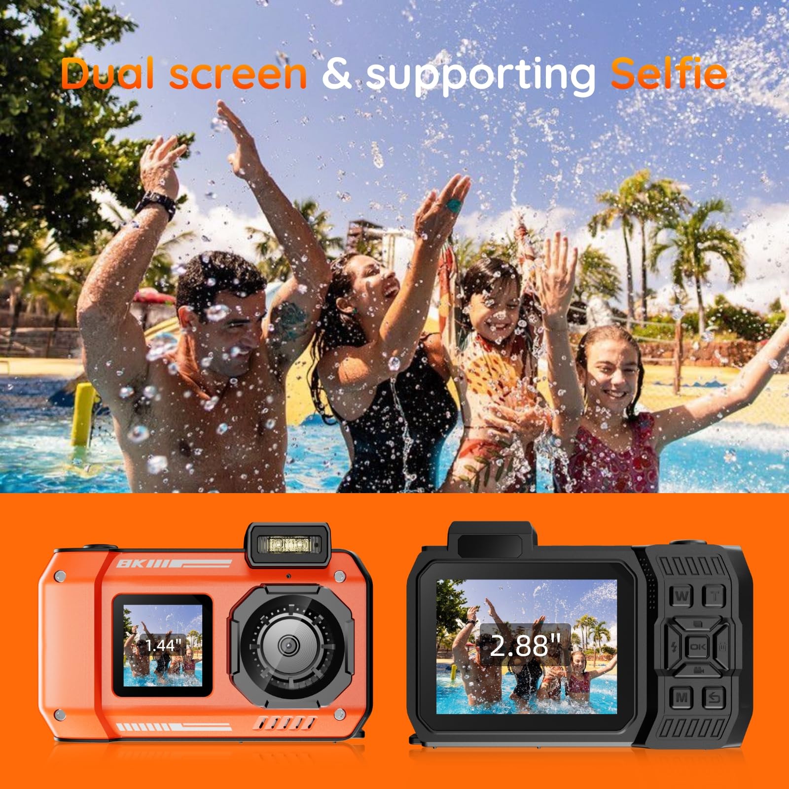 MaxMango Digitalkamera, 8K & 33FT Unterwasserkamera mit 64GB, 2.8'' Doppelte Bildschirme Selfie wasserdichte Staubdichte stoßfest Kompakte für Kinder Teenager Anfänger Erwachsene(Orange)