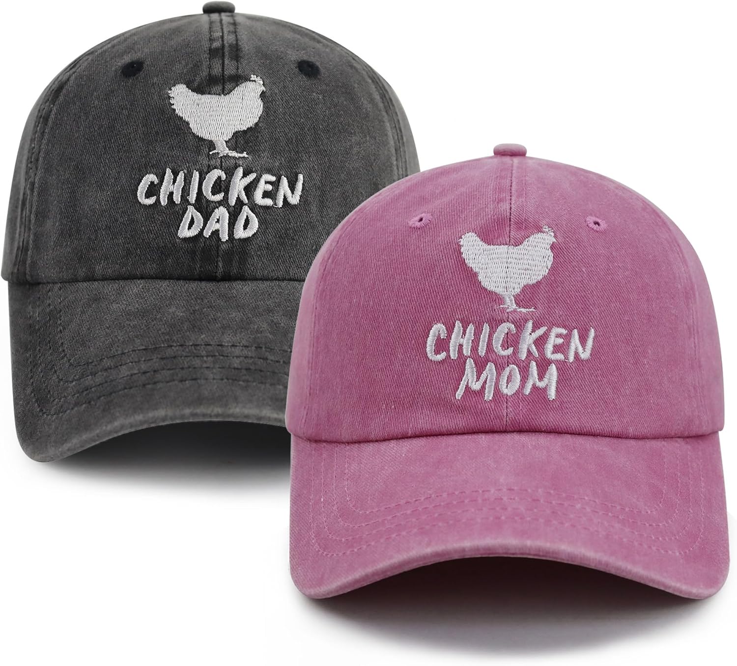 2PCS Chicken Dad and Chicken Mom Hat, Funny Adjustable Washed Cotton Embroidered Farm Baseball Cap