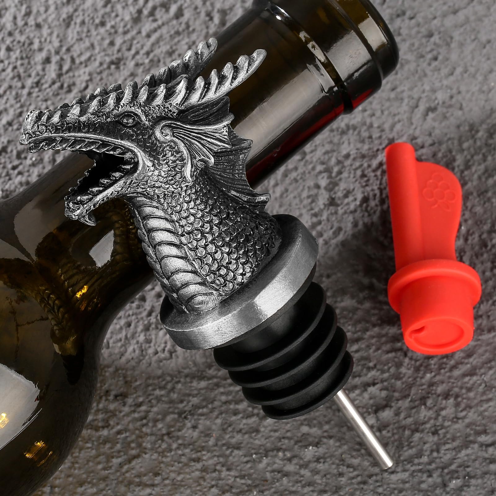 Dragon Head - Vertedor de licor con boquilla para bebidas alcohólicas, regalos de dragón 2 en 1, vertedor de botella de vino y tapón para hombres y mujeres, accesorios de vino, regalos 6