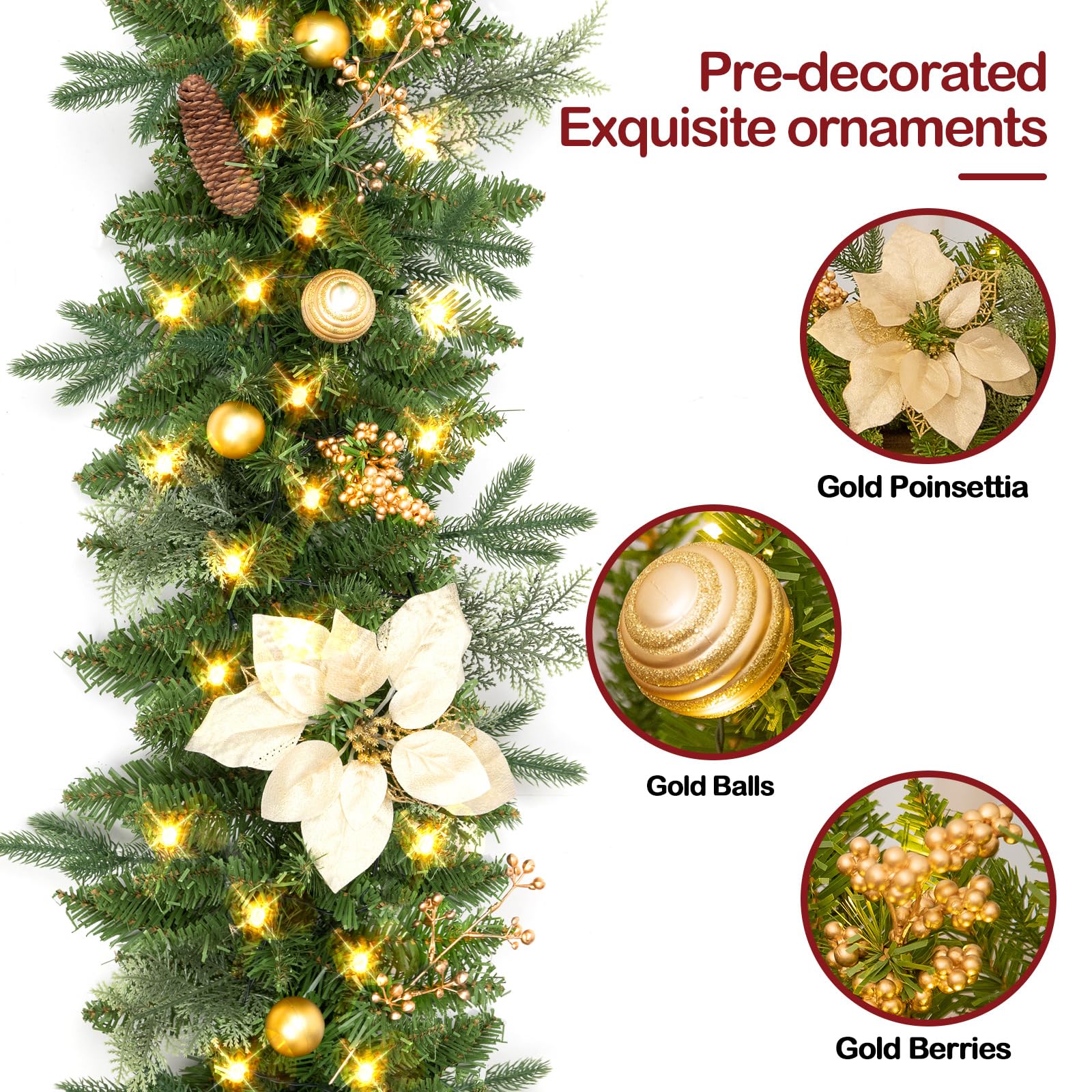 ENVEN Guirnalda de Navidad de 9 pies preiluminada con 50 luces LED, decoración artificial para escaleras, manto, puerta, guirnalda interior y exterior con temporizador que funciona con pilas (flor de