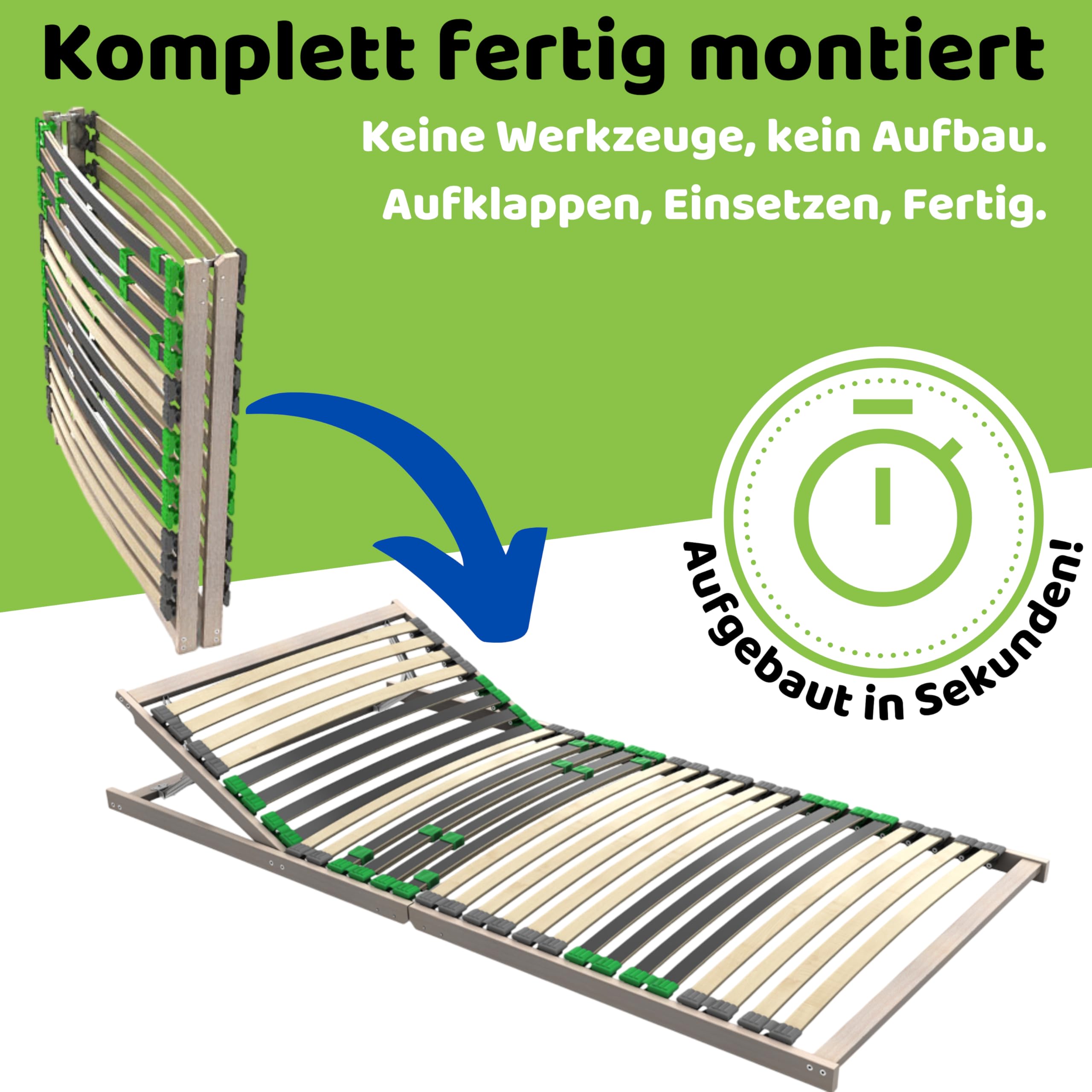 Lattenrost2go FlexSTAR Lattenrost 90x200 cm - Verstellbares Kopfteil, 28 Federleisten, 7 Zonen, Härtegrad anpassbar, bis 140 kg, Montagefrei, Ergonomischer Holz-Schlafkomfort