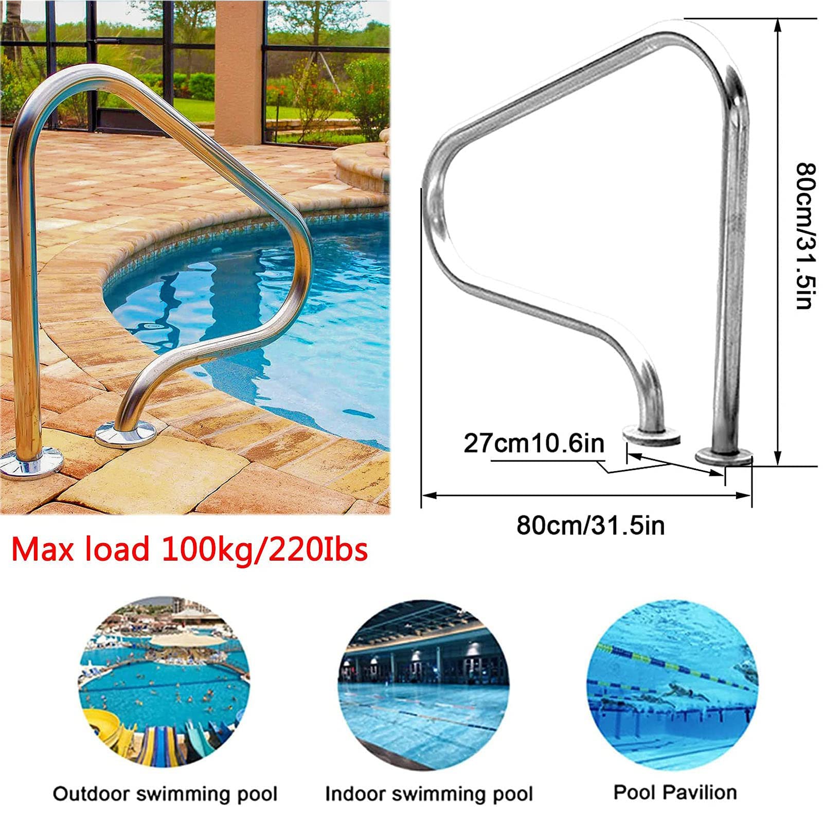 Rampe de Piscine 80 x 80 cm Main Courante de Piscine, Acier Inoxydable 304, Mains courantes pour piscines creusées Rampe d'escalier de Piscine à 3 Coudes Facile à Installer