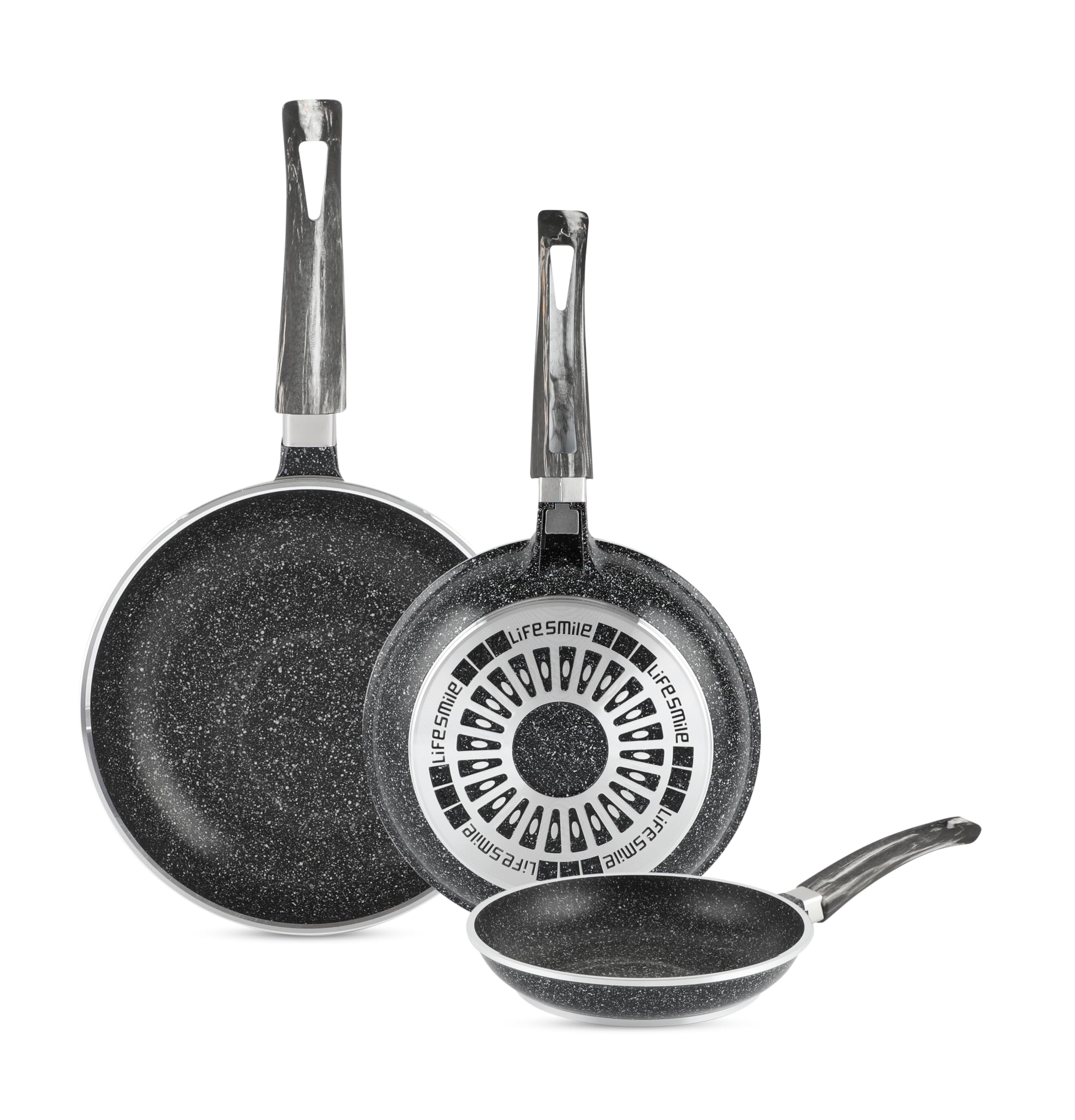 Frying Pan Set - Multi Layer Granite Coating Fry Pan | Include 20 CM, 24 CM, 28 CM Non Stick Pan | Heat-Resistant Handle Hanging Loop (Black)
