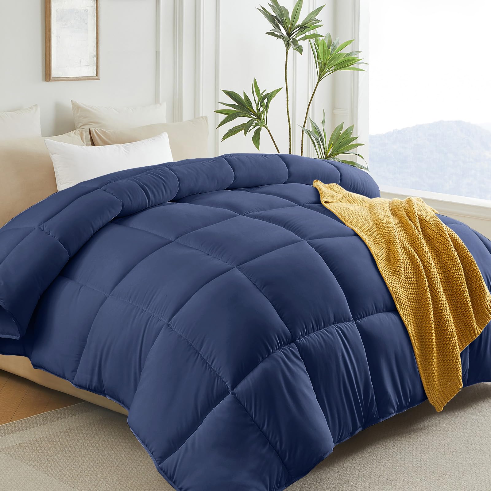 Edredón King de microfibra L LOVSOUL de 106 x 90 pulgadas, color azul oscuro con pestañas