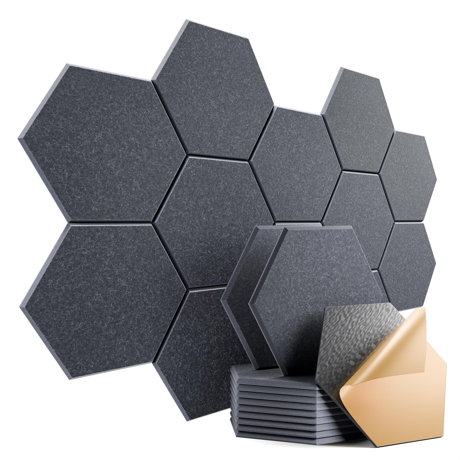 12 Pack Self-Adhesive Acoustic Panels 12" X 10" X 0.4" - Sound Proof Foam Panels with High Density, Stylish Hexagonal Design, Flame Resistant, Absorb Noise and Eliminate Echoes(Dark Gray)