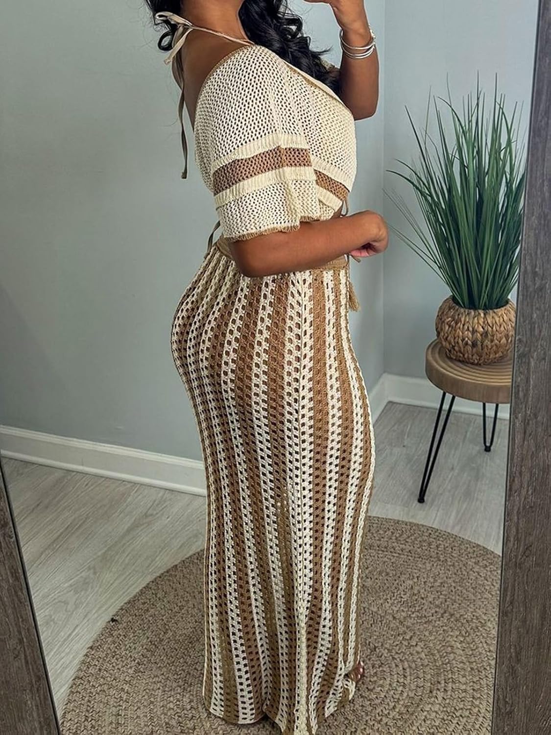 KANSOON Crochet Skirt Sets Women 2 Piece Outfits Knit Striped Hollow Out Short Sleeve V Neck Drawstring Top Maxi Skirts Set - Image 7