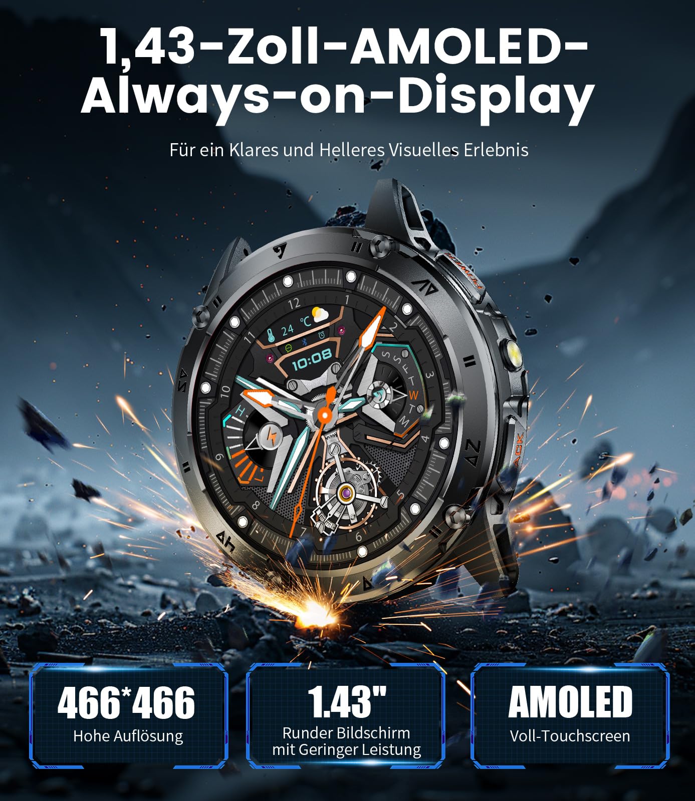 LIGE Smartwatch Uomo Militare, 1.43'' AMOLED Orologio Smartwatch Uomo con Torcia LED, 530mAh, IP68 Impermeabile, 120+ Modalità Sportive, Cardiofrequenzimetro Sonno Contapassi per Android iOS