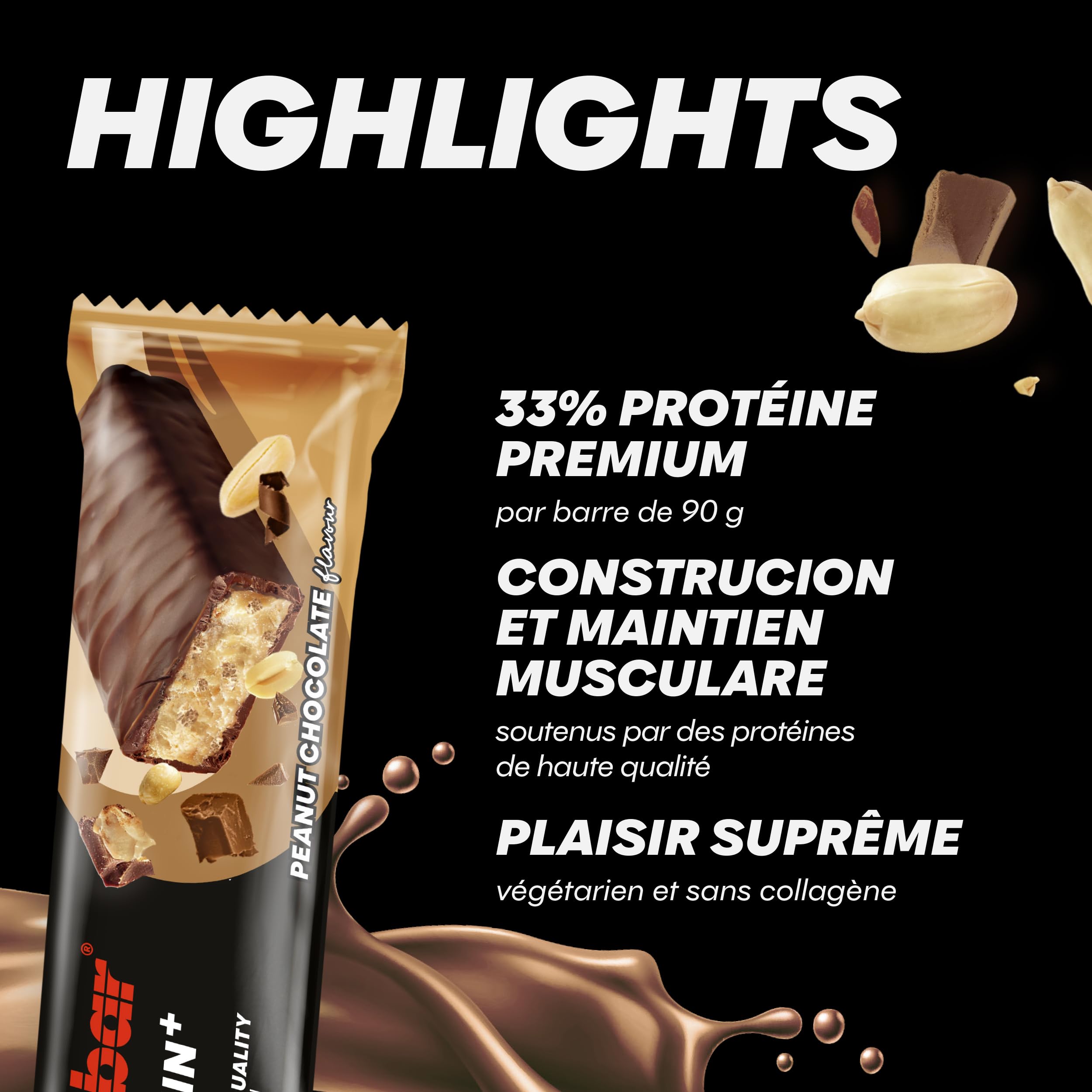 Powerbar - 33% Protein Plus - Peanut-Chocolate - 10x90g - Barre riche en protéines - Protéines de lactosérum et de caséine - Sans collagène