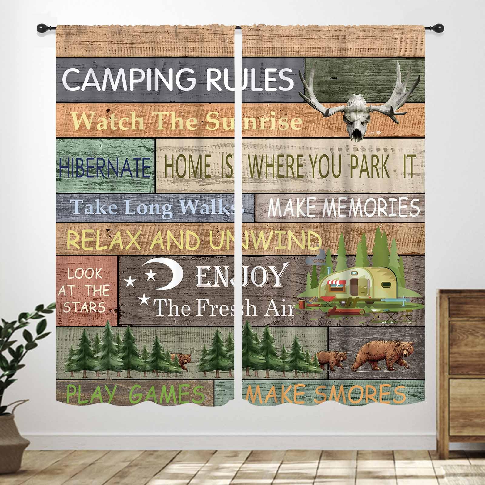 Lnepty Camping Rules Curtain,Campervan Traveller Outdoor Caravan Decor,Rustic Cottage Forest Vintage Plank Background Curtains for Bedroom Living Room