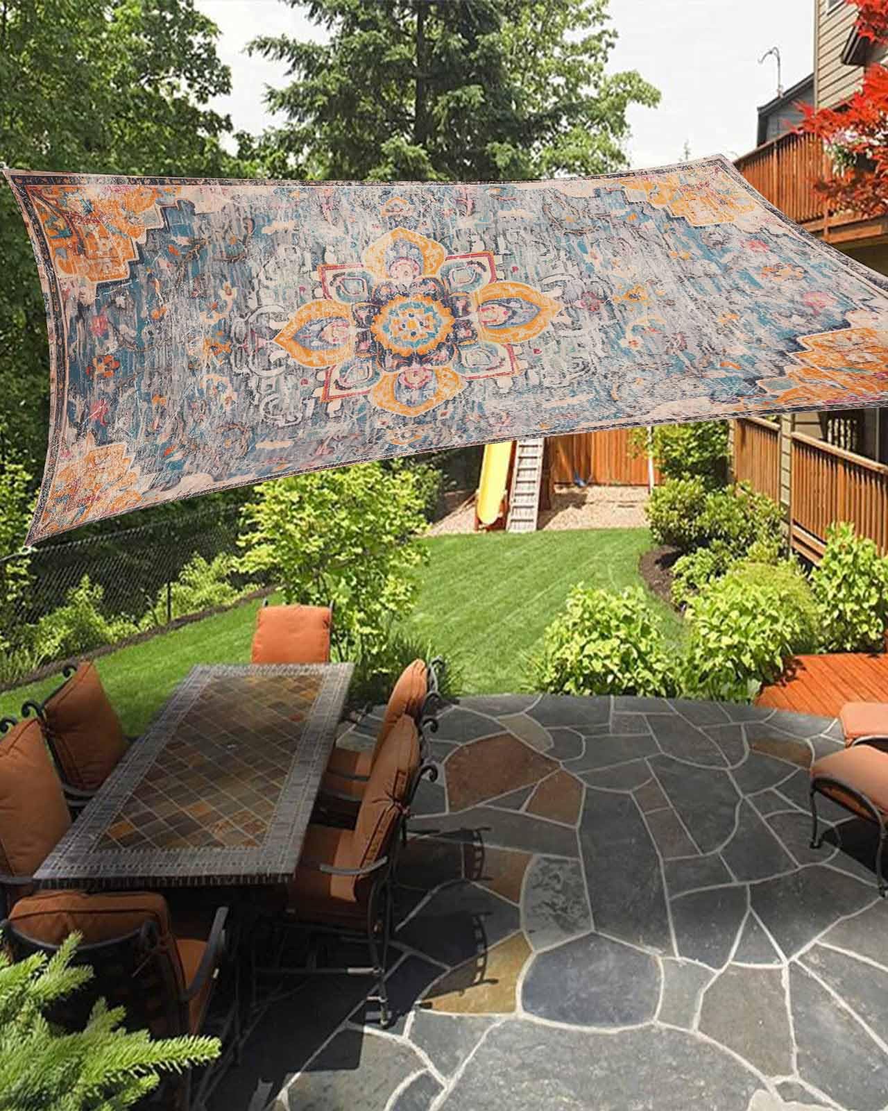 Waterproof Sun Shade Sail Geometric Abstract Carpet Flowers Pattern Yellow Outdoor Patio Sun Shades Canopy UV Block Water Resistant Sunshade for Garden Backyard Deck Pergola 14x18 Ft