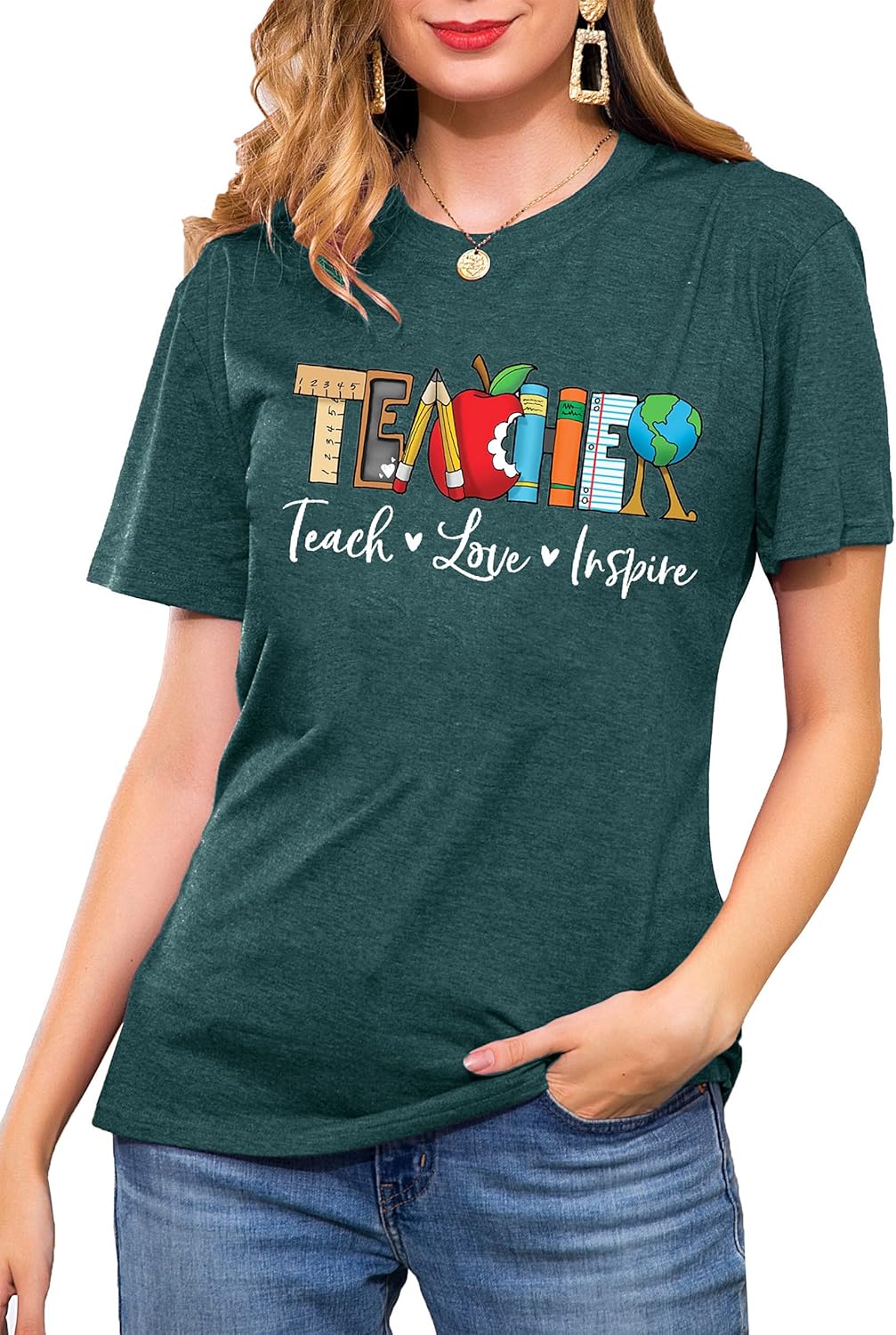 Teach T Shirt for Women Teacher Graphic Tees Tops Teach Inspire Letter Print Shirts Tops - Image 2