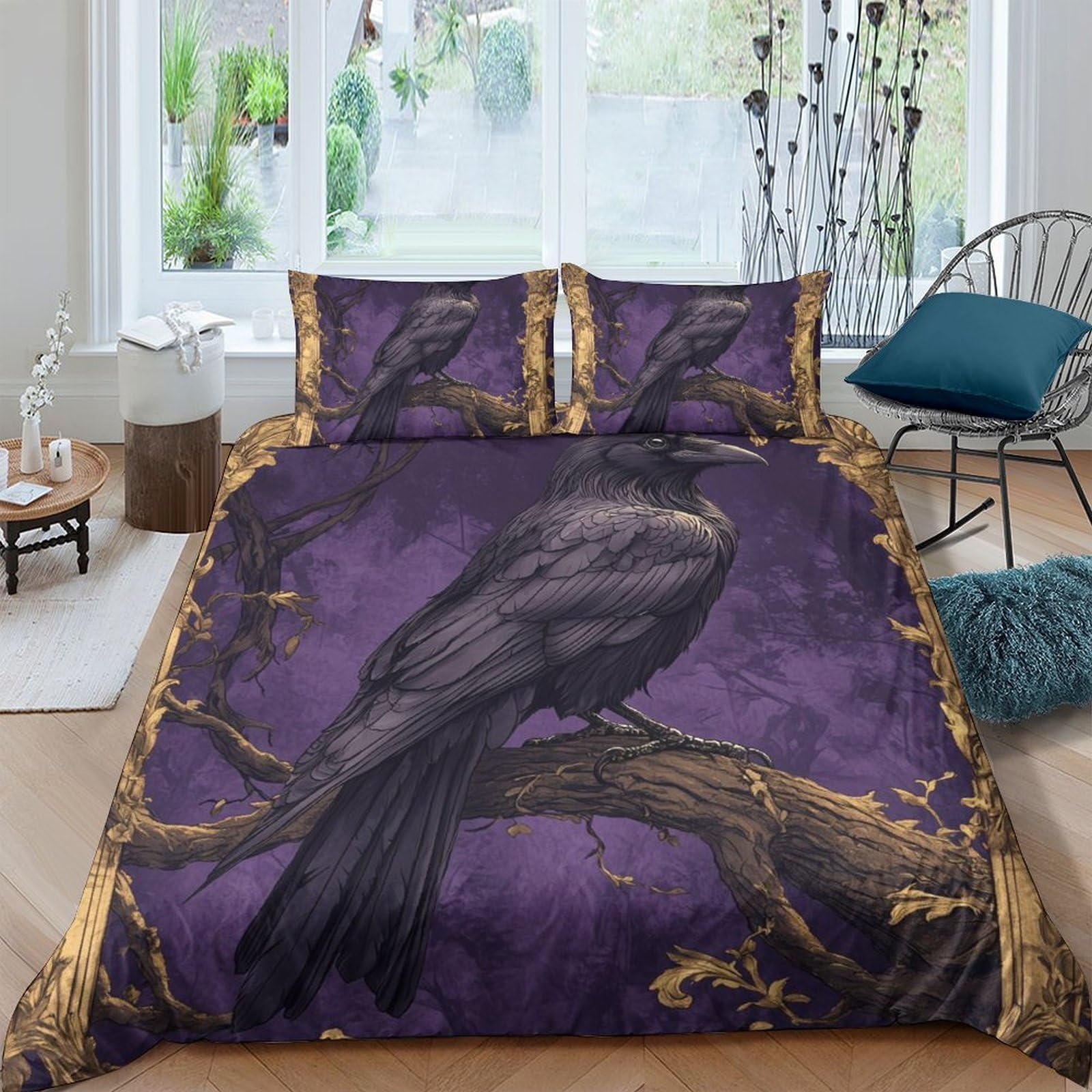 Ctjqhvkz Style-3 3D Printed Raven Purple Forest Fitted Sheet Microfiber Soft Bed Cover For Bedroom Dorm Mattress Protection Decor Single（135X200cm）