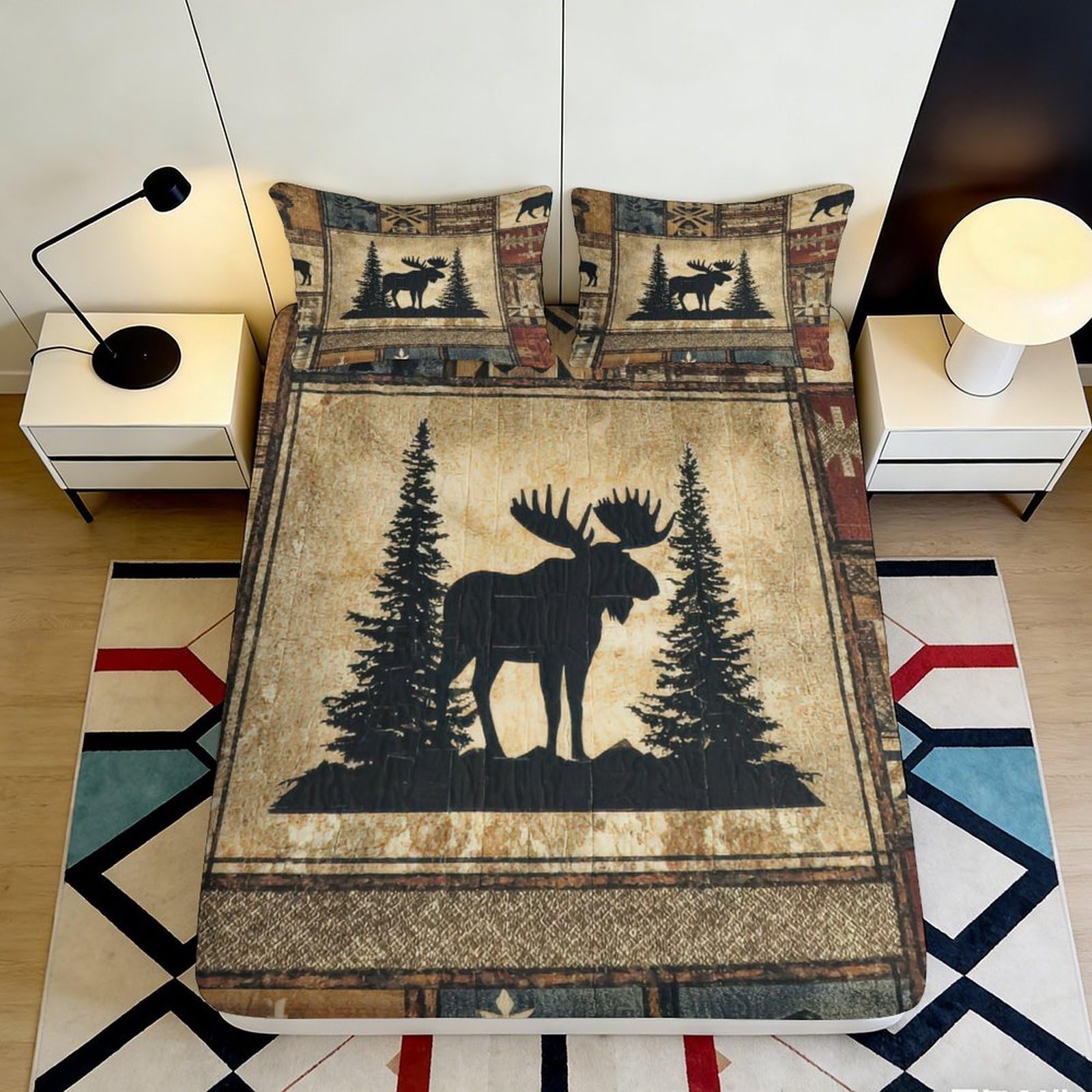 3D Printed Moose Forest Fitted Sheet Microfiber Soft Beige Rustic Pine Trees Bed Cover for Bedroom Guest Room Mattress Decor 140x200x25cm