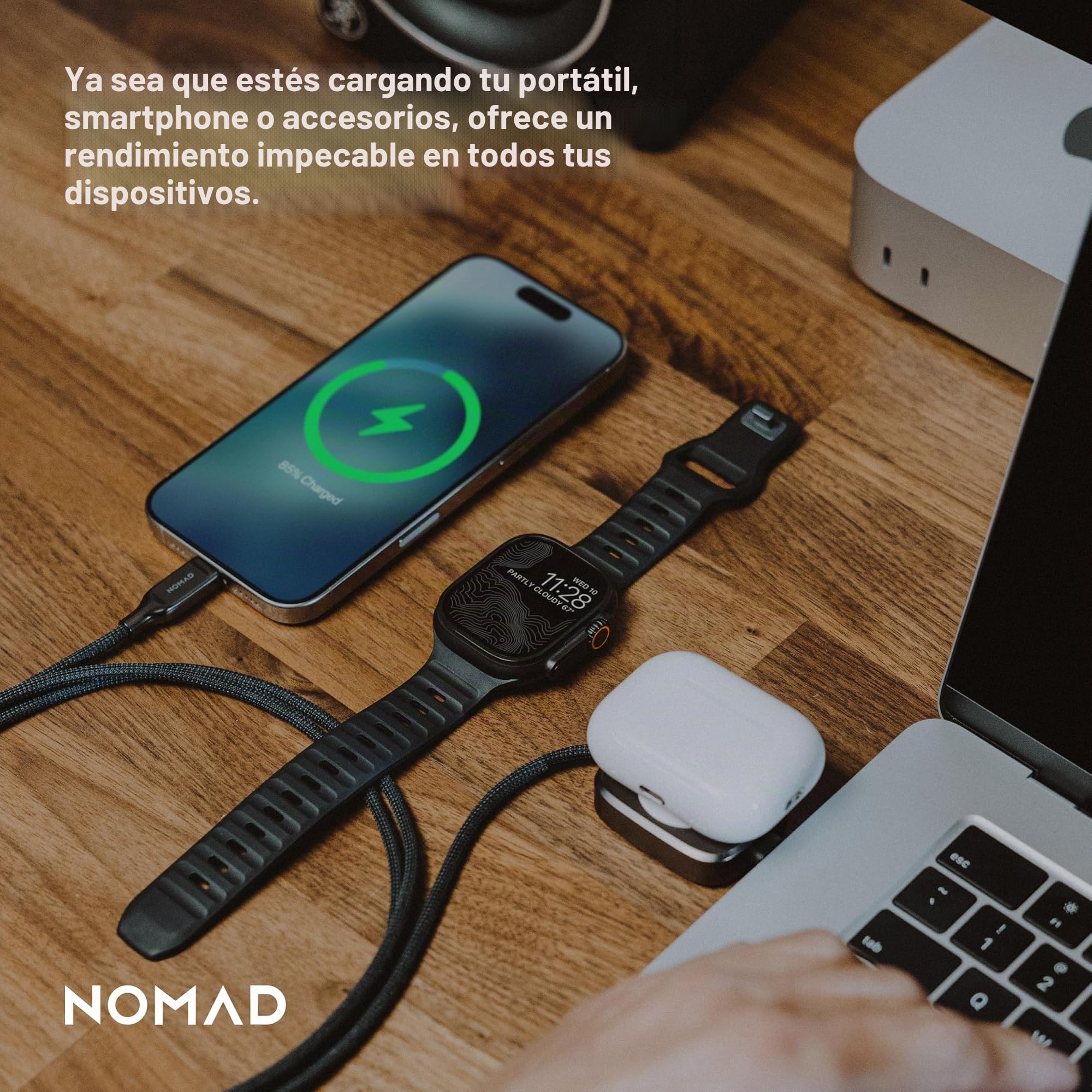 NOMAD - Cable de carga USB C 2 en 1 de carburo de tungsteno para Apple Watch, Airpods y iPhone, cables de carga universales tipo C 100W para Apple Watch, Airpods y iPhone, cables de carga