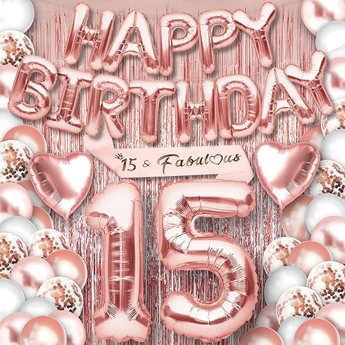 15 suministros de fiesta de oro rosa decoraciones de cumpleaños 15 para niñas con pancarta de globos de feliz cumpleaños y globos de dígitos,