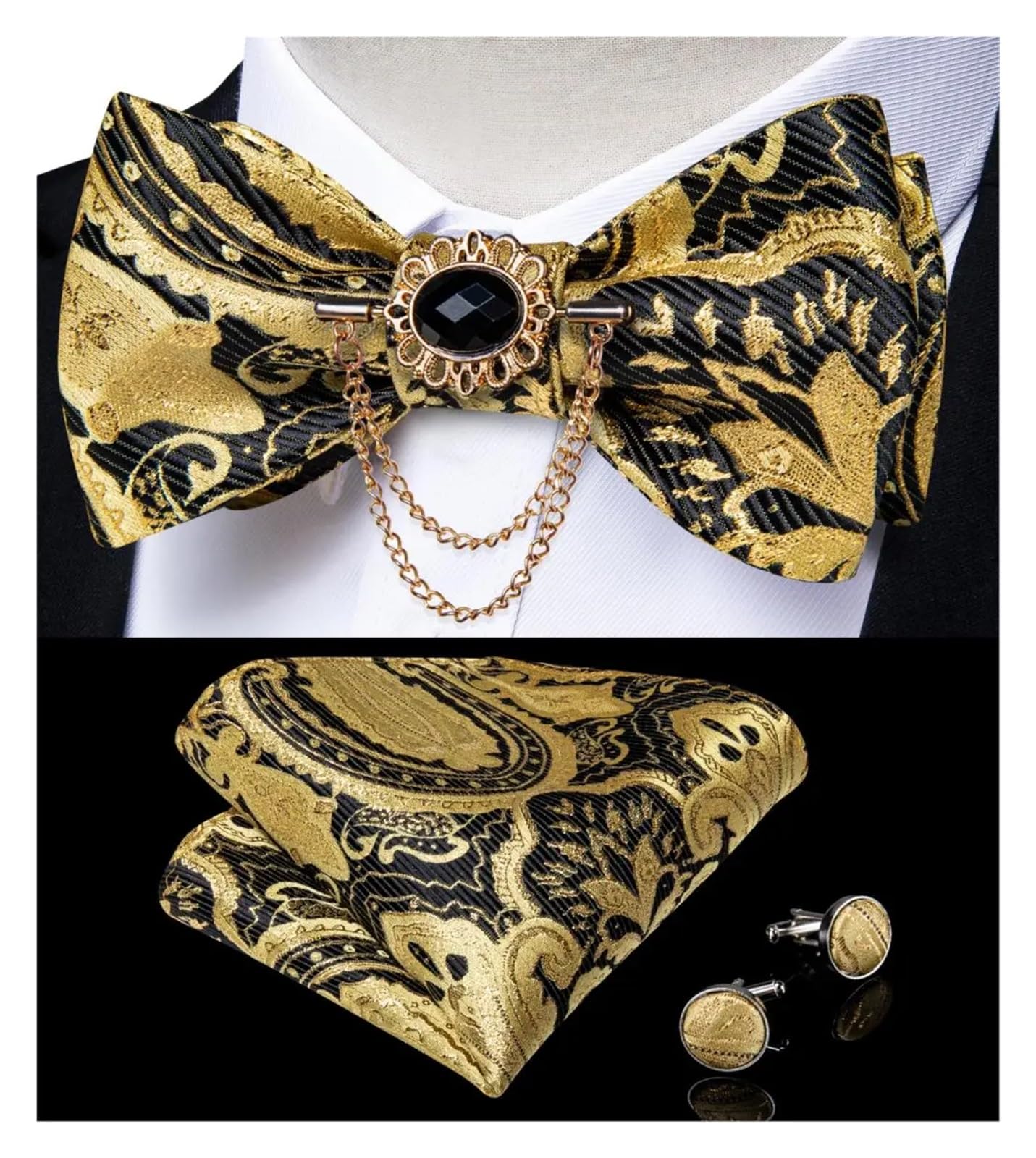 Un conjunto de broche de boda tejido en seda con corbata for hombre.