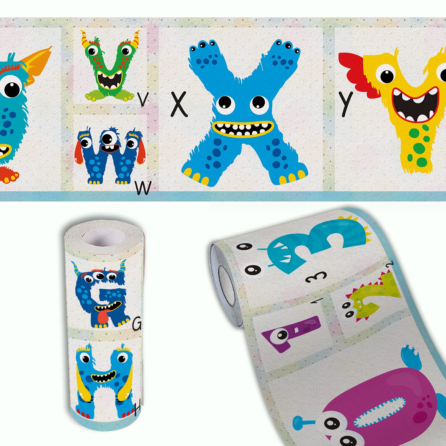 Wandbordüre Monster Tapetenbordüre Vlies Kinderzimmer 400x12 cm | Monster Bordüre aus Tapetenvlies für Kinderzimmer Babyzimmer Spielzimmer einfach mit Vliestapetenkleister anbringbar
