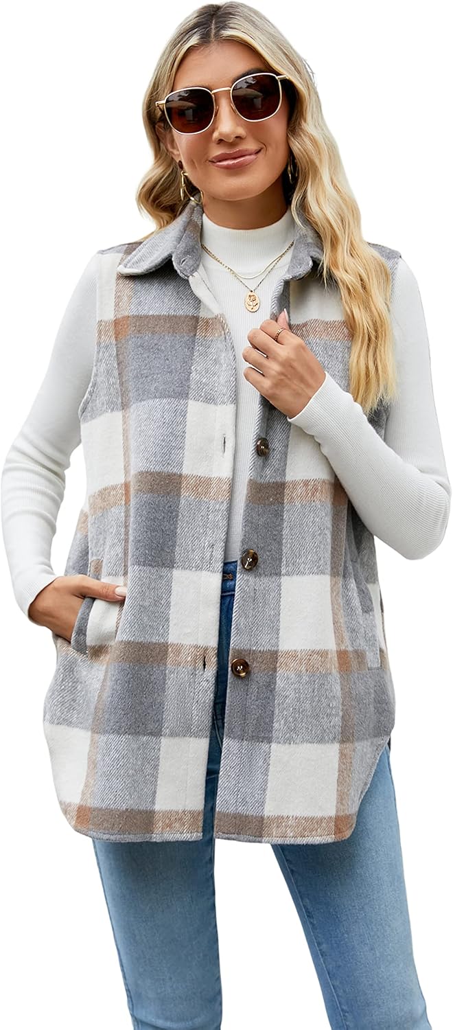 Womens Fall Flannel Plaid Vest Button Down Sleeveless Shirt Jacket
