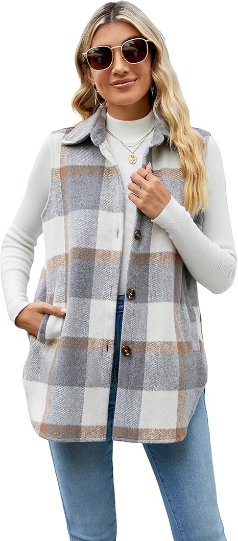 UANEO Womens Fall Flannel Plaid Vest Button Down Sleeveless Shirt Jacket with Pockets
