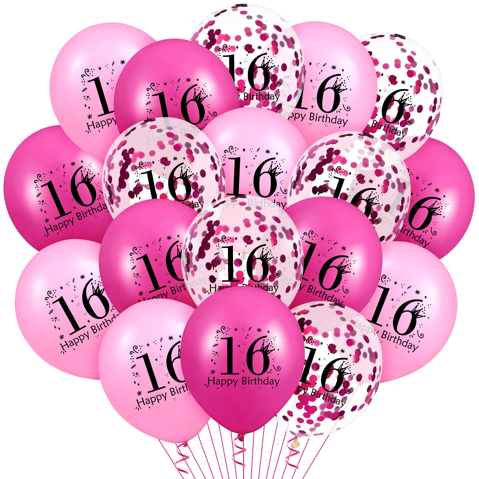 18Pcs 16th Birthday Balloons Pink Happy 16th Birthday Confetti Latex Balloons for Girls Boys Hot Pink 16 Years Old Bday Anniversary Party Supplies 12 inch
