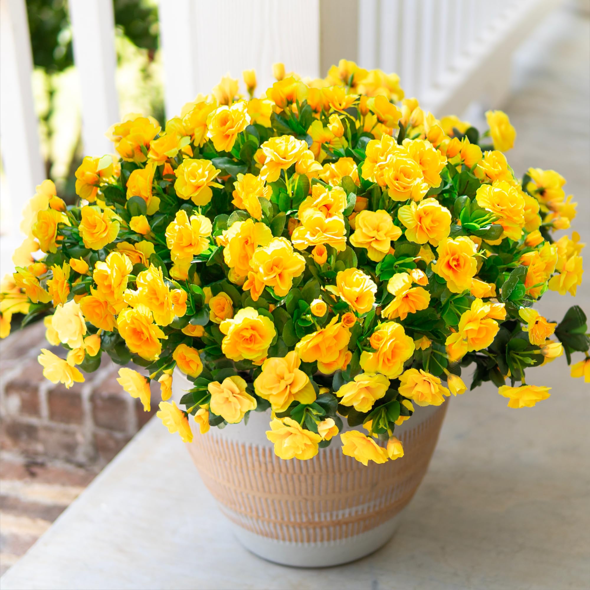 HyeFlora Artificial Fake Flowers Plants for Spring Outdoor Outside Decor, Faux Silk Yellow Camellia UV Resistant Realistic for Planter Front Door