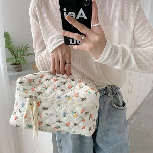 Miniatura 3 de Bolsa de maquillaje de algodón, bolsa grande para cosméticos de viaje, bolsa acolchada para cosméticos, bolsa de aseo floral de coqueta, pequeña