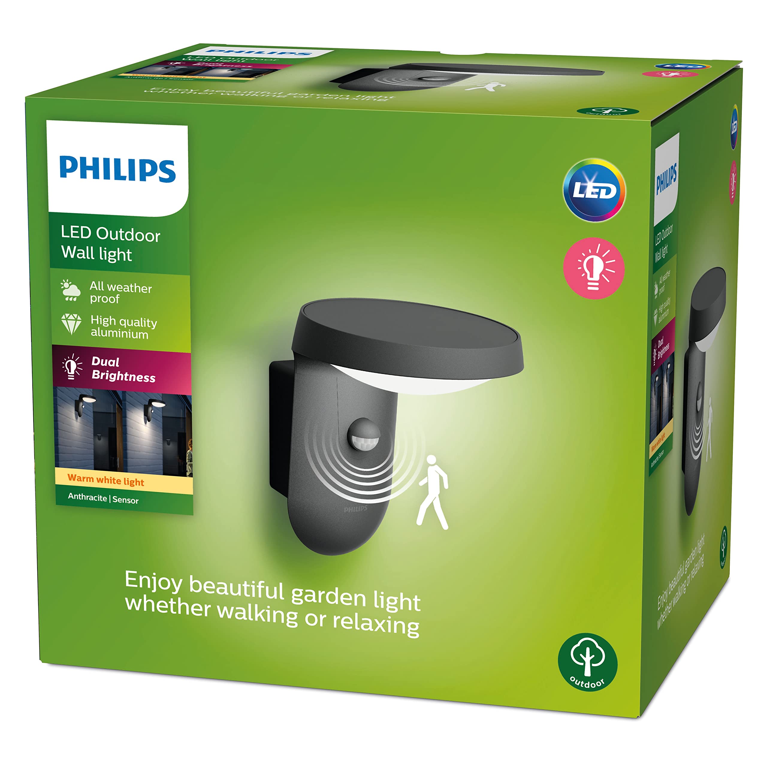 Philips Tyla Outdoor Wall Light (9 W), Weatherproof Outdoor Light with Motion Sensor and Warm White LED Lighting, Anthracite, Warm White