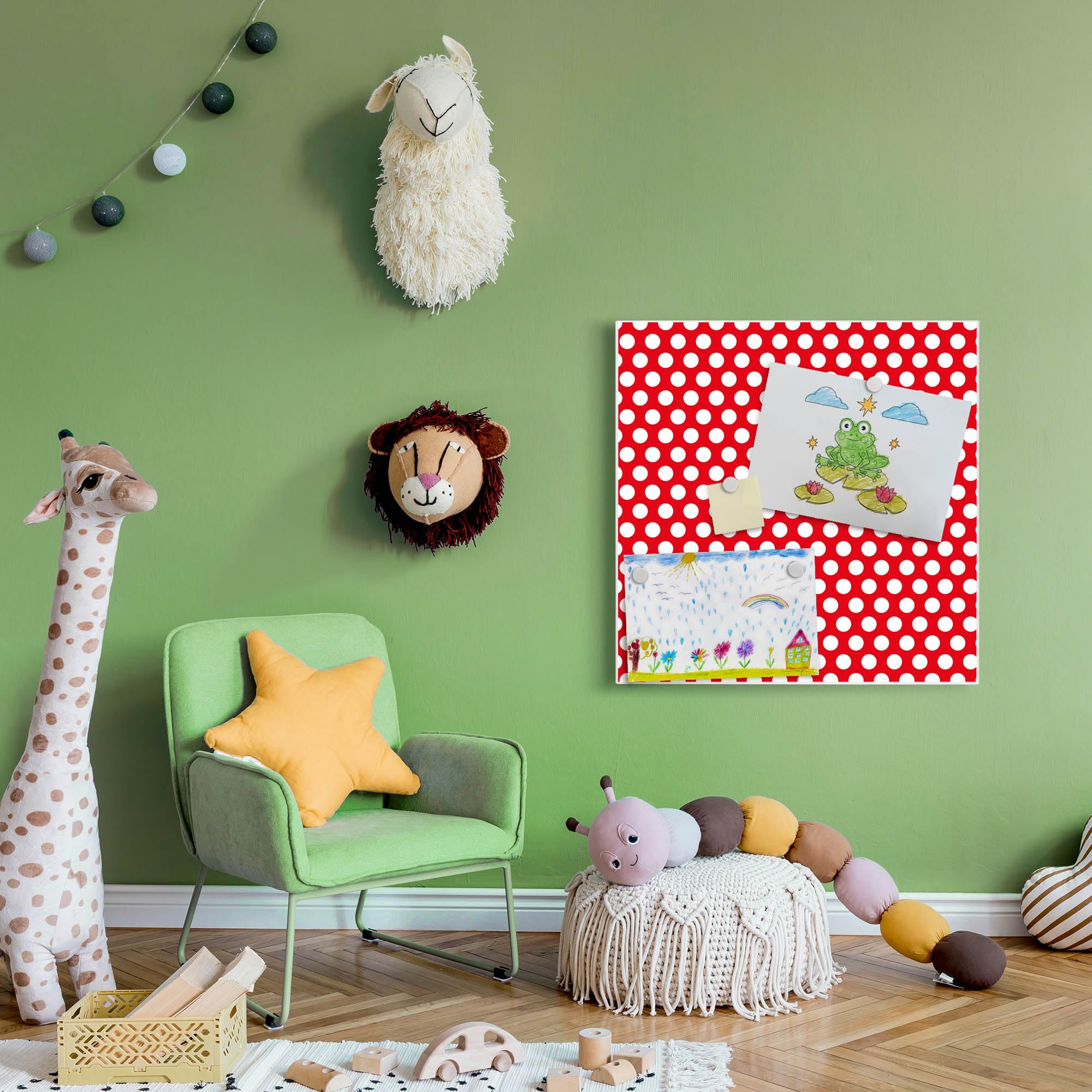 banjado Magnettafel 50 x 50 cm/Magnetwand aus Metall/Magnetpinnwand als Memoboard/Pinnwand Magnettafel Küche, Büro, Kinderzimmer inkl. 4 Magnete & Montageset - Motiv Punkte Rot