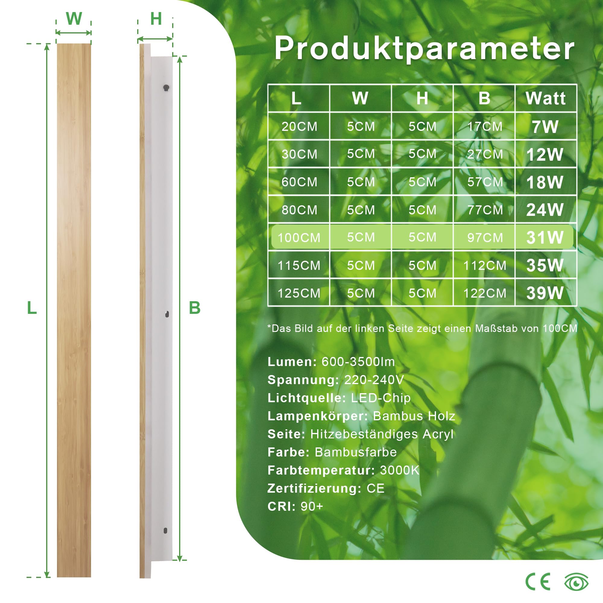 AOEH Lampada Da Parete Interno Led Applique Da Parete In Legno Lampade Da Muro Lunga In Bambù Luci Da Parete Legno 35w 3000k Moderno Lampada A Muro Per Camera Da Letto,Soggiorno,Corridoio,Scale,115cm