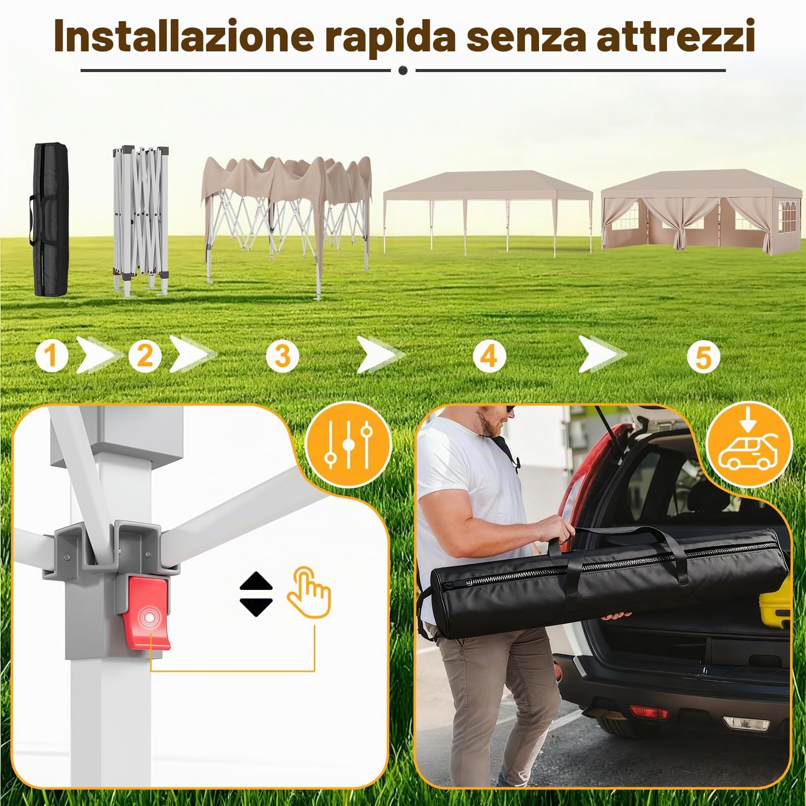 JUMMICO Gazebo 3x6m Pieghevole, Altezza Regolabile, Struttura Stabile, Copertura Esterna Resistente e Impermeabile, con Pareti Laterali, con 4 Sacchi di Sabbia di Peso e Sacca da Trasporto, Beige