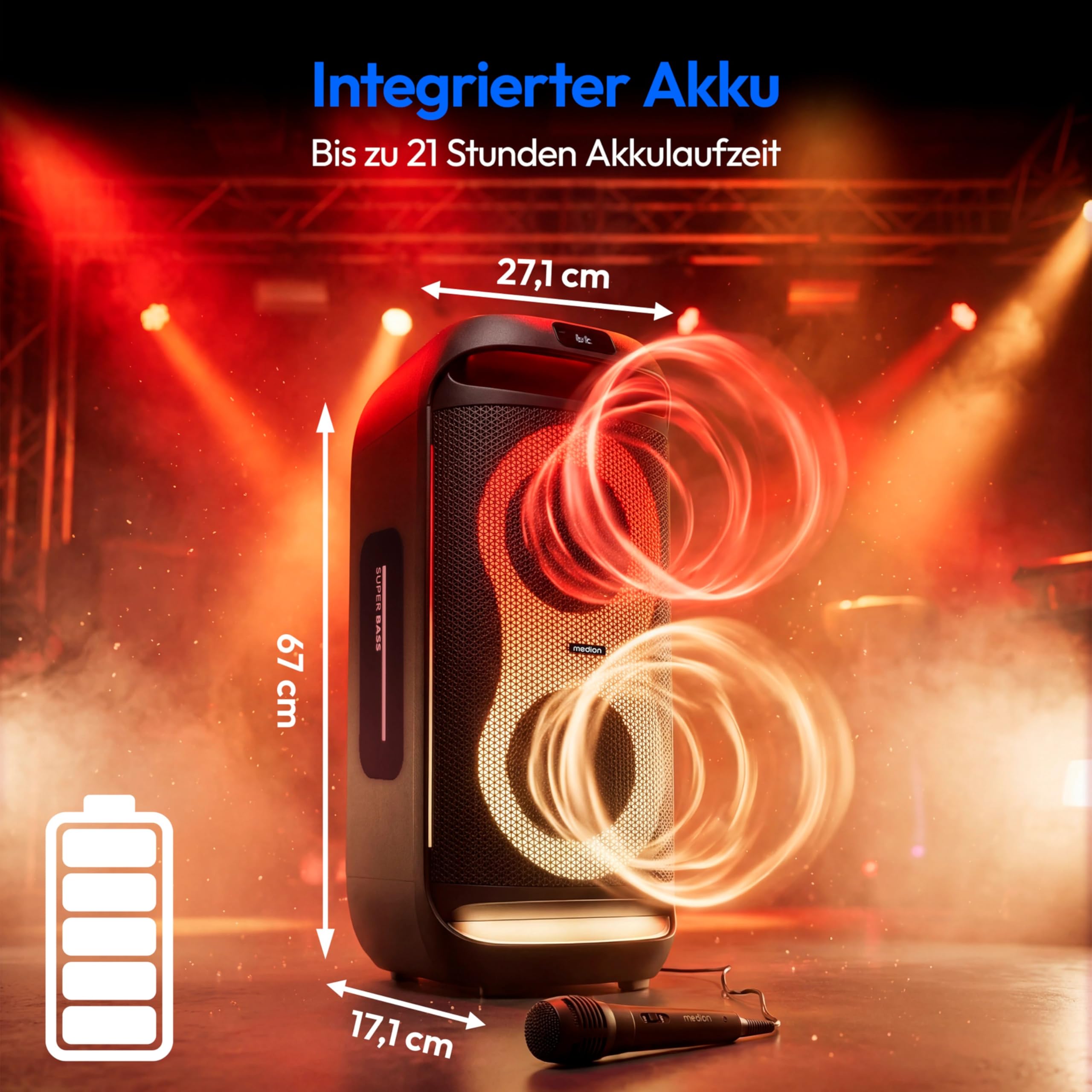 MEDION PE-2 Plus Partybox (Akku, mit Mikrofon, tragbarer Bluetooth Lautsprecher groß, Musikbox, Verschiedene Lichteffekte, Partylautsprecher mit Karaoke, Mikrofon und Gitarren Anschluss, AUX, USB)