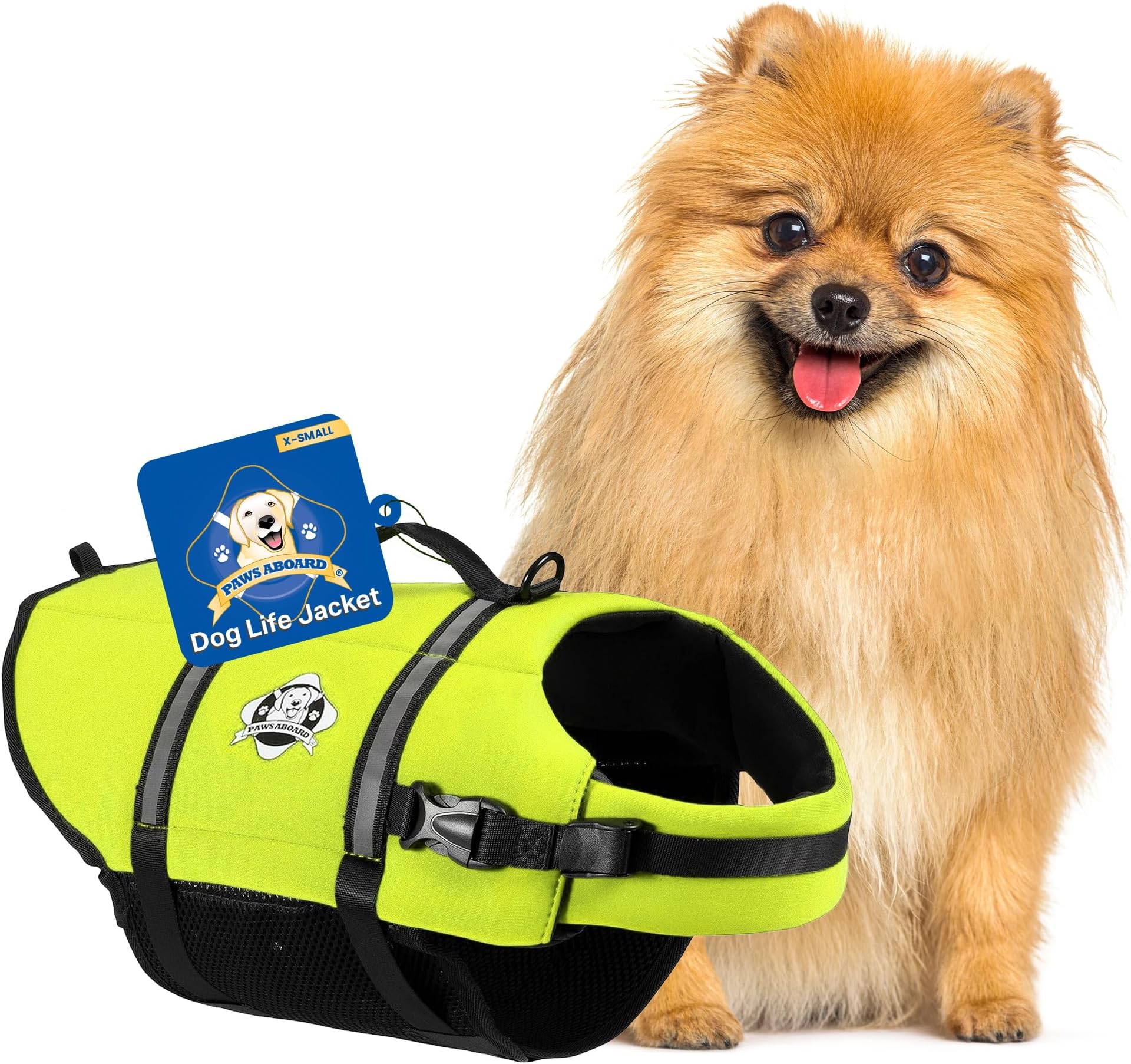 Paws Aboard Dog Life Jacket - Swimming Vest for Dogs, Adjustable, Reflective, Comfortable, Multiple Colors, Patterns, XX-Small to Extra Large Dog Swim Vest with Handle (Neon Yellow, X-Small)