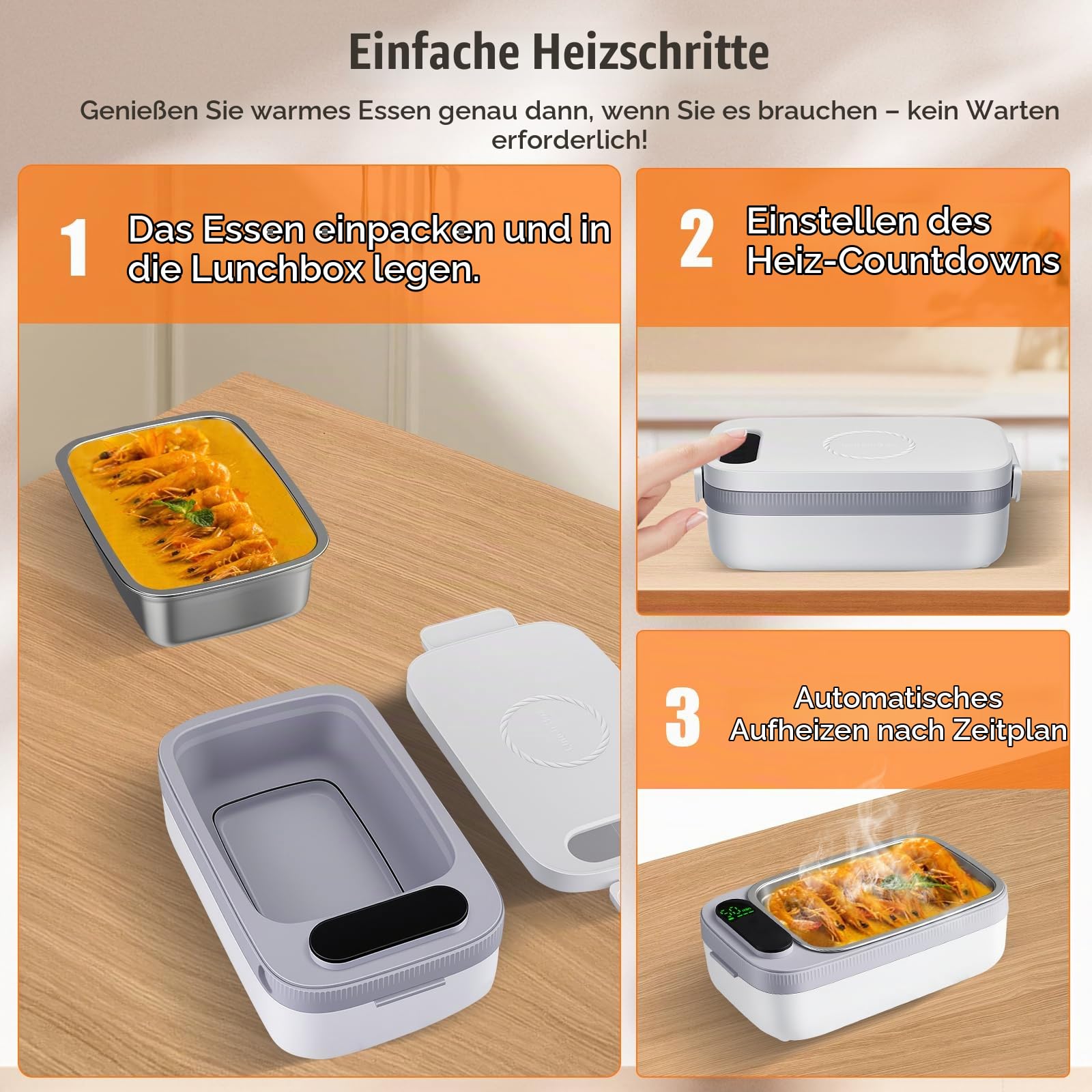 Elektrische Lunchbox mit Akku 14000mAh 1L Kabellose Beheizte Lunchbox für Erwachsene mit Automatischer Aufheizfunktion, USB Heizbare Brotdose, Edelstahl-Innenbehälter, Kein Besteck