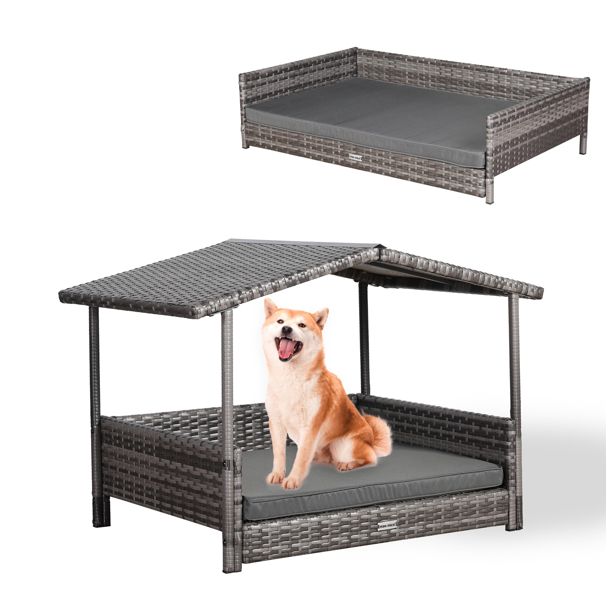 ULTRALAX Wicker Dog House Raised Rattan Dog Bed for Indoor/Outdoor with Weatherproof Roof and Removable Cushion Lounge (GREY, Medium)