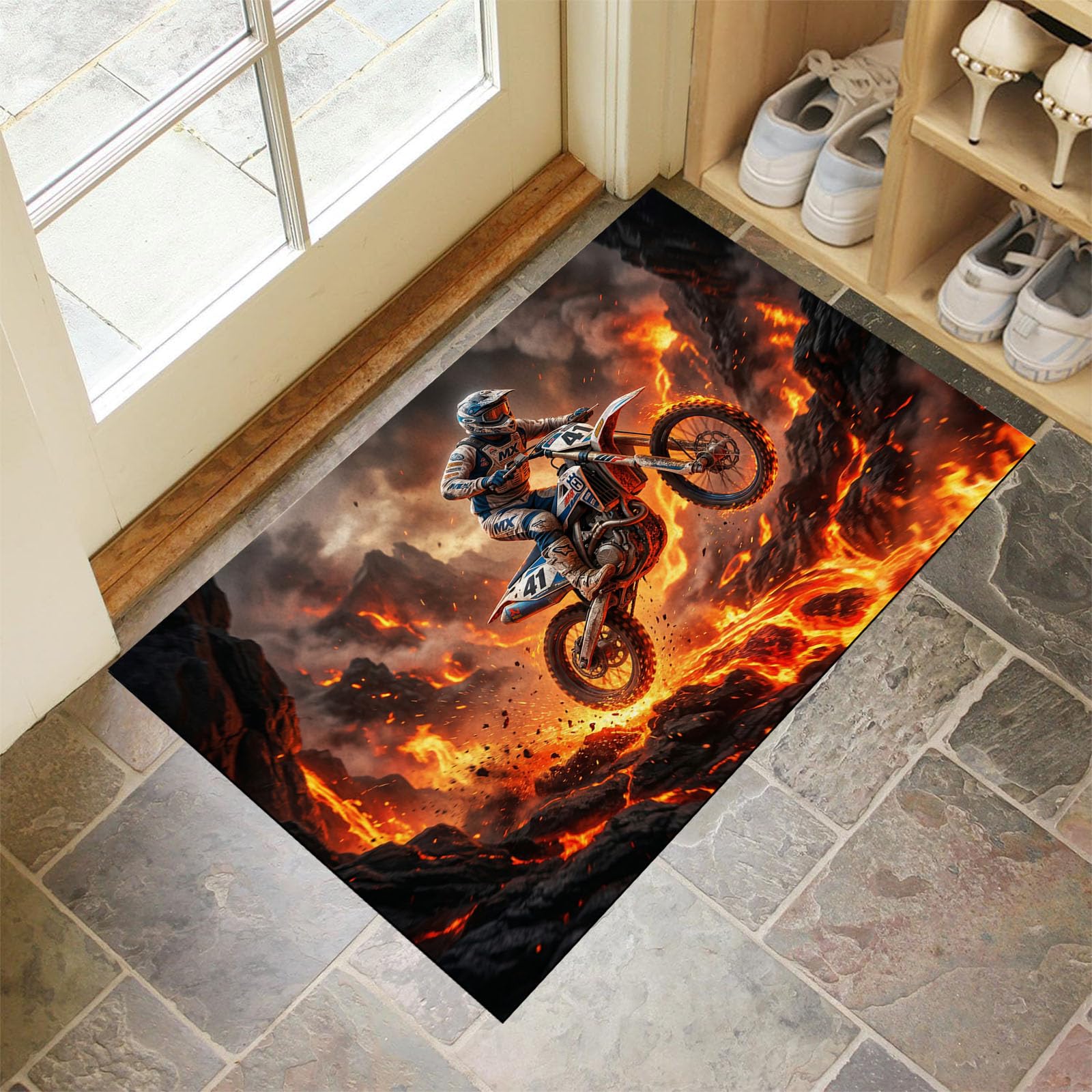 Tapis d'entrée en lavable style moto tout-terrain pour stopper la saleté de la porte