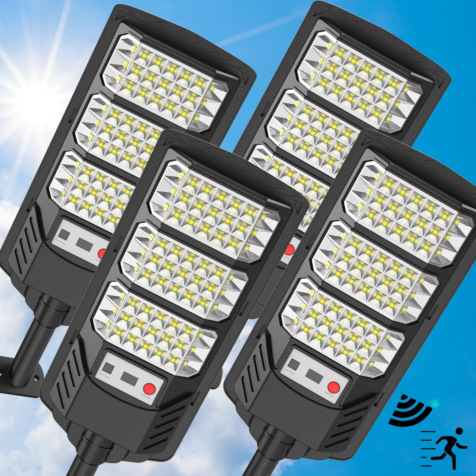 TENKOO Solar Street Lights Outdoor 4 Pack Solar Parking Lot Lights, 6500K Street Light with Motion Sensor LED Wide Angle Lamp Waterproof IP67 Commercial Lighting for Yard