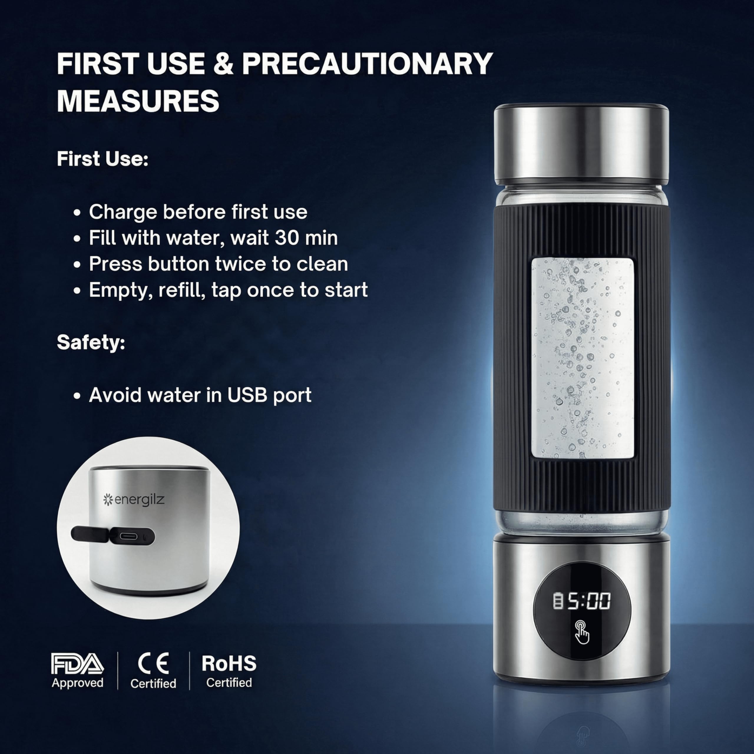 Bottiglia d'acqua idrogeno | Generatore di acqua idrogeno da 480 ml | Macchina idrogenatore 6000 PPB | Generatore ionizzatore SPE/PEM (argento)