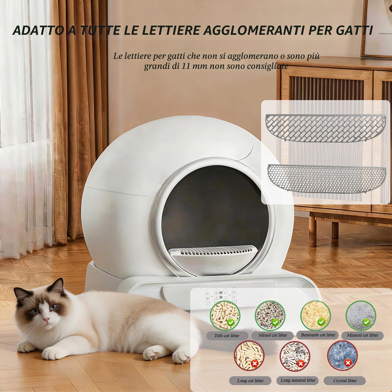 Lettiera Gatti Autopulente Wifi 74L Sensori di Sicurezza con App | 6 Sacchetti per Rifiuti 2 Filtri 1 Tappetino per Più Gatti