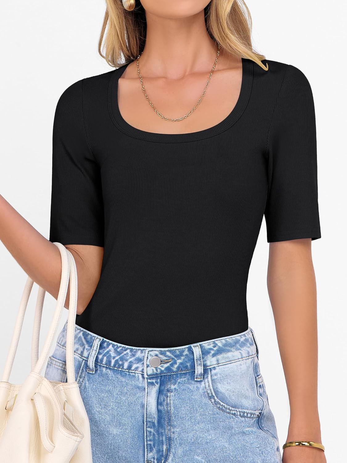 ANRABESS Womens Half Sleeve Tops Scoop Neck Ribbed Knit Slim Fitted Basic Tee Shirts Summer 2026 Trendy Spring Casual Clothes - Image 3