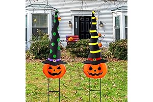 MAGGIFT 2 Pack Halloween Garden Decorations, Metal Jack-O-Lantern Stakes with Witch Hats