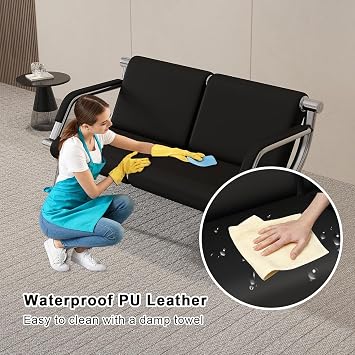 Waiting Room Bench with Armrest - Lobby Reception Chairs, PU Leather Office Guest Seating Furniture for Salon Airport Hospital Bank, Black