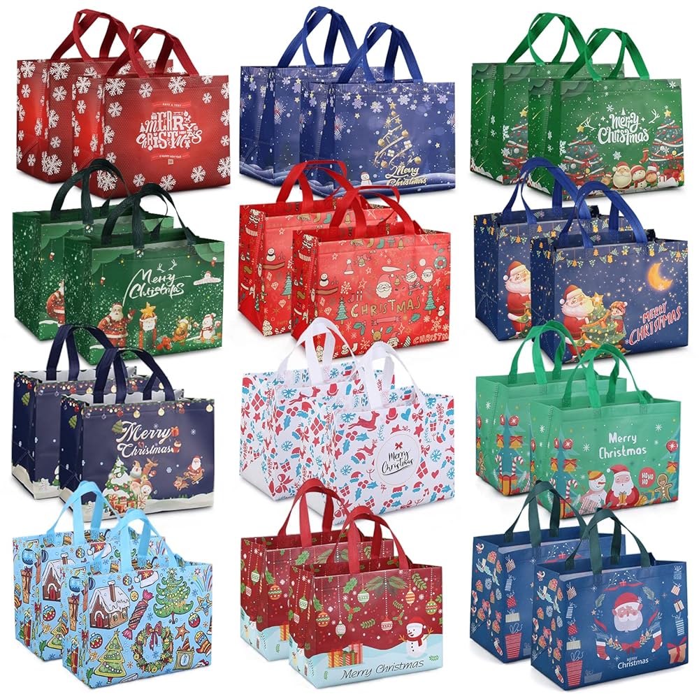 PARSUP 36PCS Christmas Gift Bags with Handles, Non-Woven Christmas Bags for Treat Gifts Wrapping Shopping, Xmas Party Supplies, 12.8 * 9.8 * 6.7inch