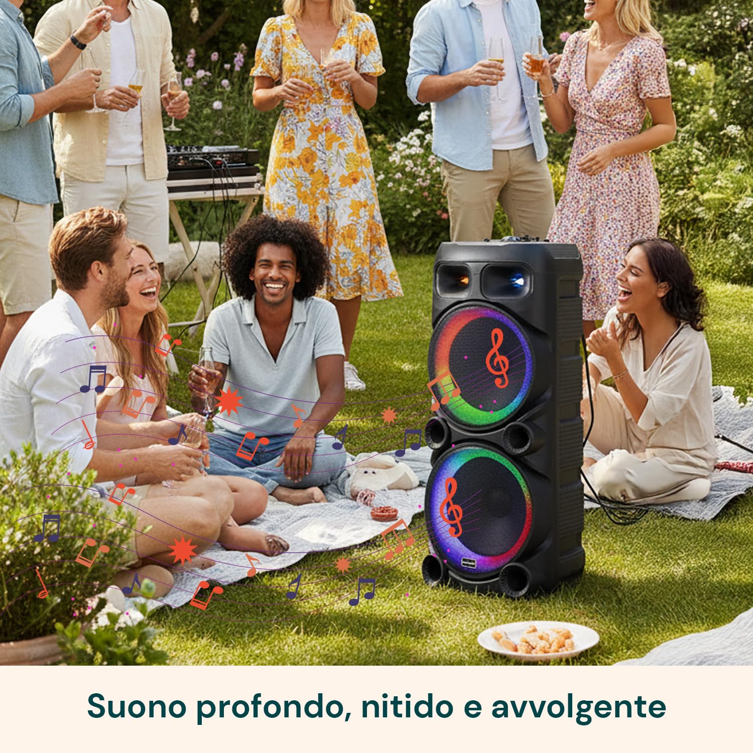 Avilia – Cassa Bluetooth 800W con Microfoni Wireless, Luci LED RGB e Telecomando | Speaker Portatile Potente per Karaoke e Feste, Batteria Ricaricabile fino a 8 Ore di Autonomia